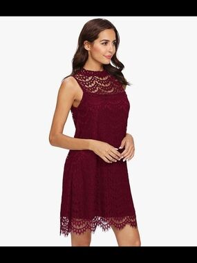 ROMWE Sleeveless Lace A-Line Dress in Burgundy (L)
